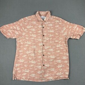 28‎ Palms Shirt Mens Large Pink Fish Print Silk Linen Hawaiian Camp Casual